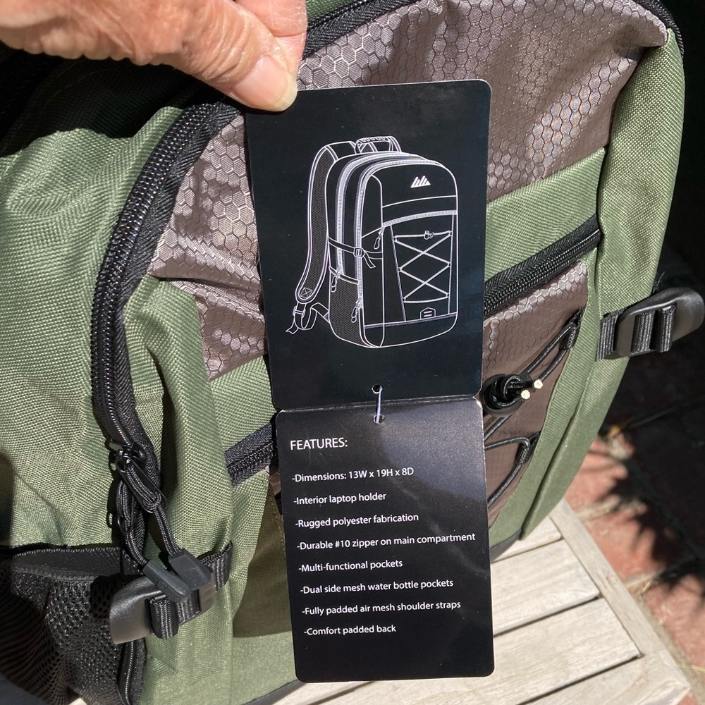 Backpack Avocado Green with Black Trim Side Pockets New 19” Unisex - Picture 7 of 16